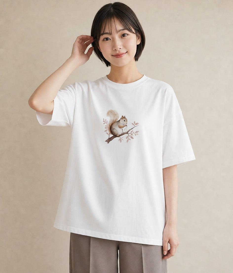 プリントTシャツ レディース シマリス ペット 動物 イラスト ポップ 買い物 夏コーデ 白T
