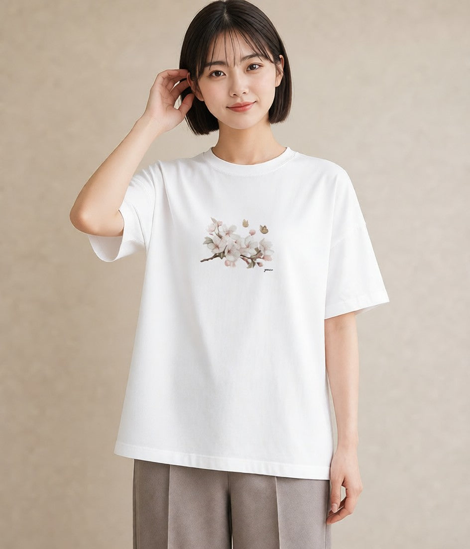 Tシャツ レディース 梅 花 花柄 イラスト ラフカジュアル 女性向けギフト 散歩 白T