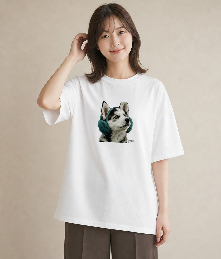 デザインTシャツ レディース シベリアンハスキー 犬 いぬ イラスト きれいめ 送別ギフト 通勤 白T