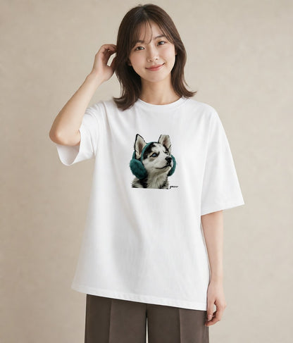 デザインTシャツ レディース シベリアンハスキー 犬 いぬ イラスト きれいめ 送別ギフト 通勤 白T
