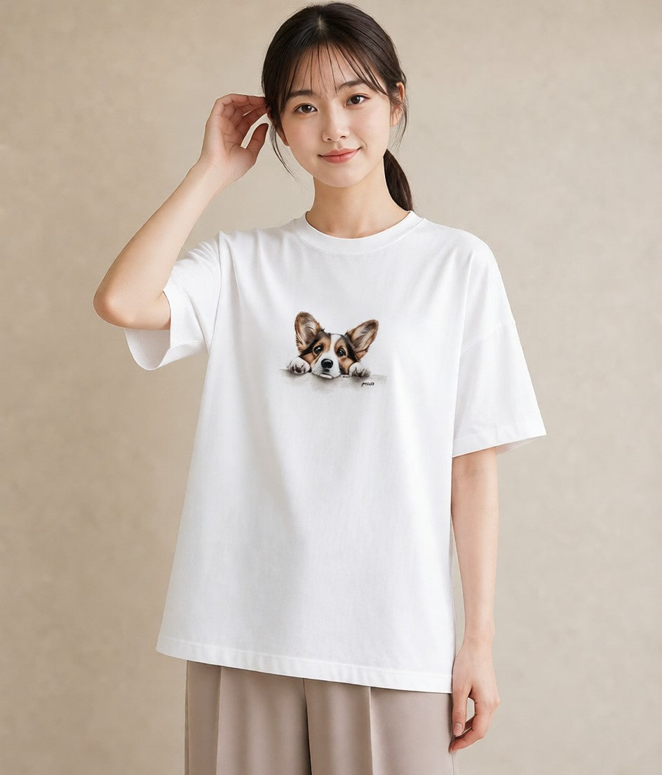 半袖Tシャツ レディース ウェルシュコーギー コーギー 犬 いぬ イラスト ニュアンス 綿100 デート 白T