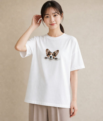 半袖Tシャツ レディース ウェルシュコーギー コーギー 犬 いぬ イラスト ニュアンス 綿100 デート 白T