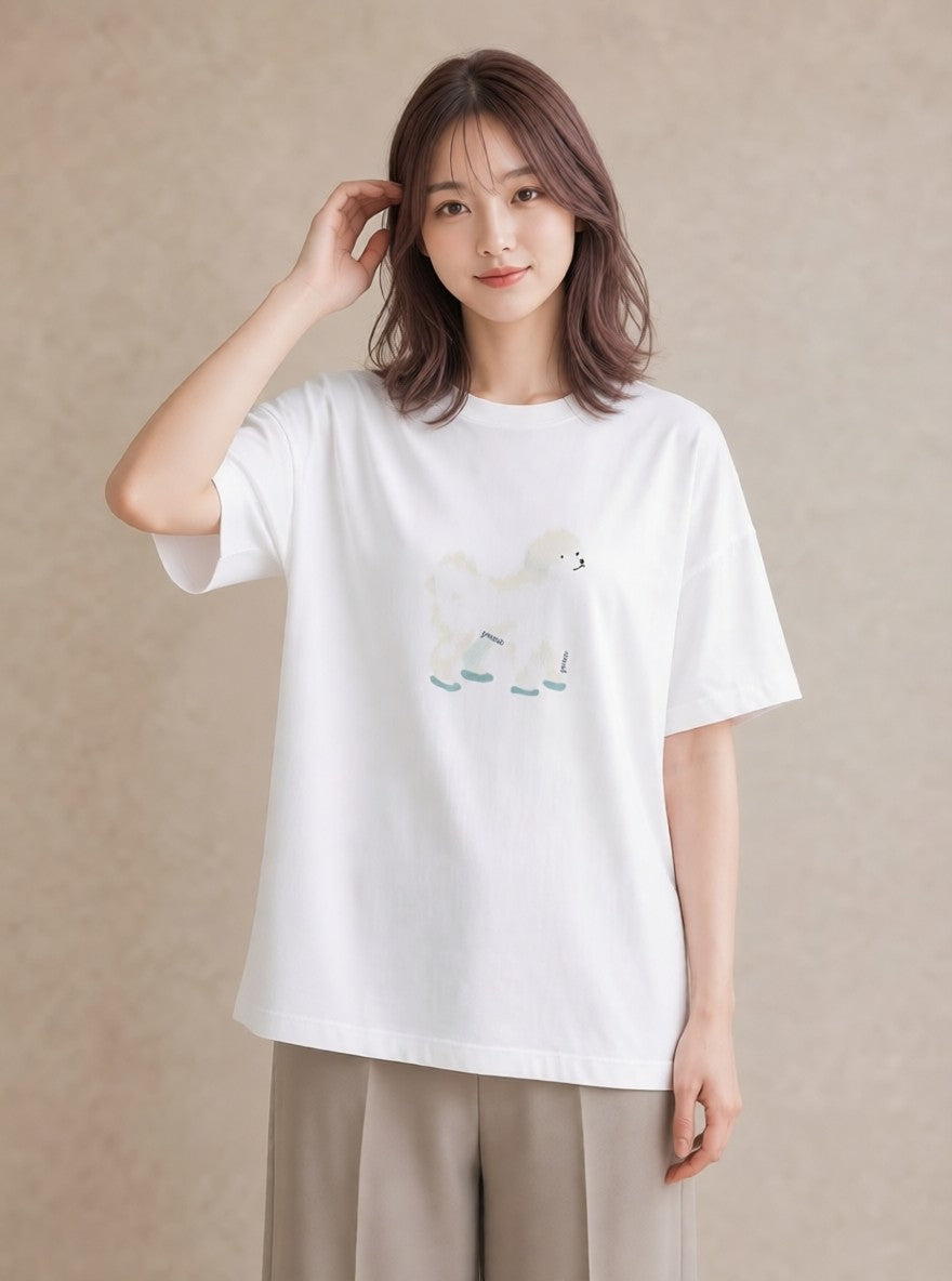 グラフィックTシャツ レディース ビションフリーゼ 犬 いぬ イラスト きれいめ 20代 カジュアルコーデ 白T