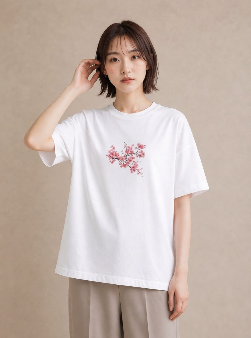 プリントTシャツ レディース 梅 花 花柄 イラスト 旅行コーデ ラフ レイヤード 白T