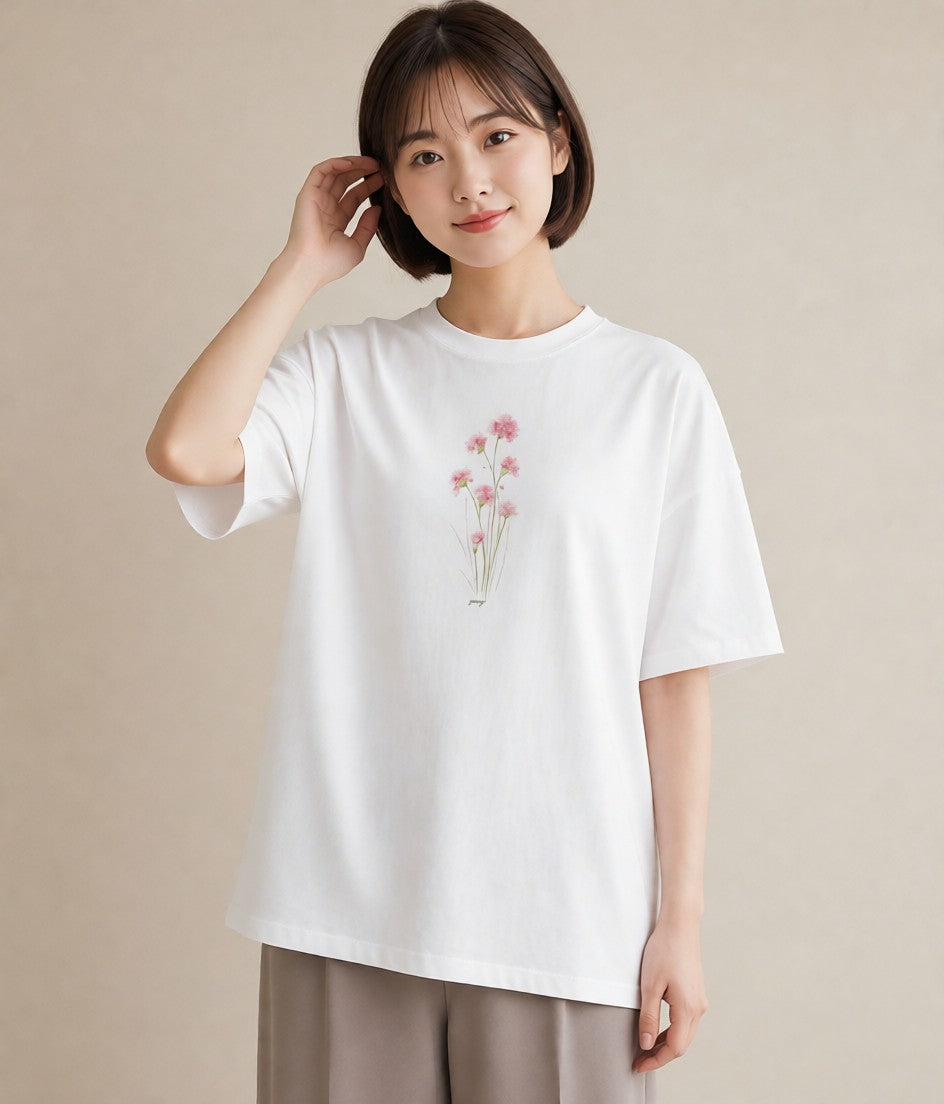 Tシャツ レディース ミモザ 花 花柄 イラスト 韓国風 カジュアルコーデ 買い物 白T