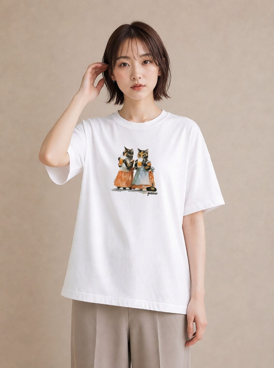 プリントTシャツ レディース サビ猫 猫 ねこ イラスト 可愛い 普段着 週末コーデ 白T