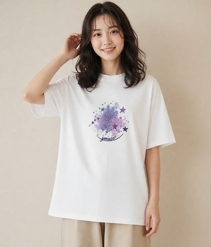 プリントTシャツ レディース 星空 宇宙 イラスト モード 20代 カジュアルコーデ 白T