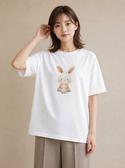 半袖Tシャツ レディース うさぎ ウサギ ラビット ペット 動物 イラスト 上品 女子会 お揃い 白T