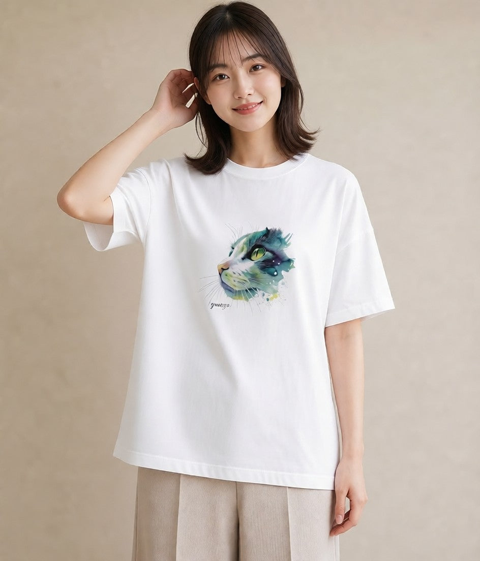 デザインTシャツ レディース サビ猫 猫 ねこ イラスト モード 誕生日プレゼント 綿100 白T