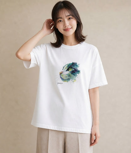 デザインTシャツ レディース サビ猫 猫 ねこ イラスト モード 誕生日プレゼント 綿100 白T