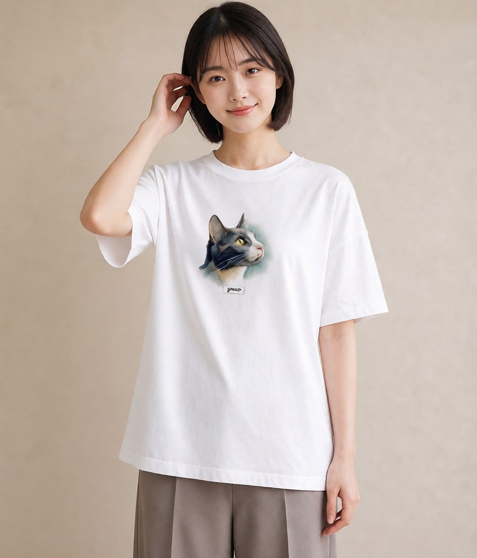 半袖Tシャツ レディース ハチワレ 白黒猫 猫 ねこ イラスト きれいめ ラフ レイヤード 白T