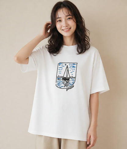 Tシャツ レディース 桟橋 水辺 波止場 ナチュラル アンティーク イラスト 淡色 おしゃれギフト 社会人 白T