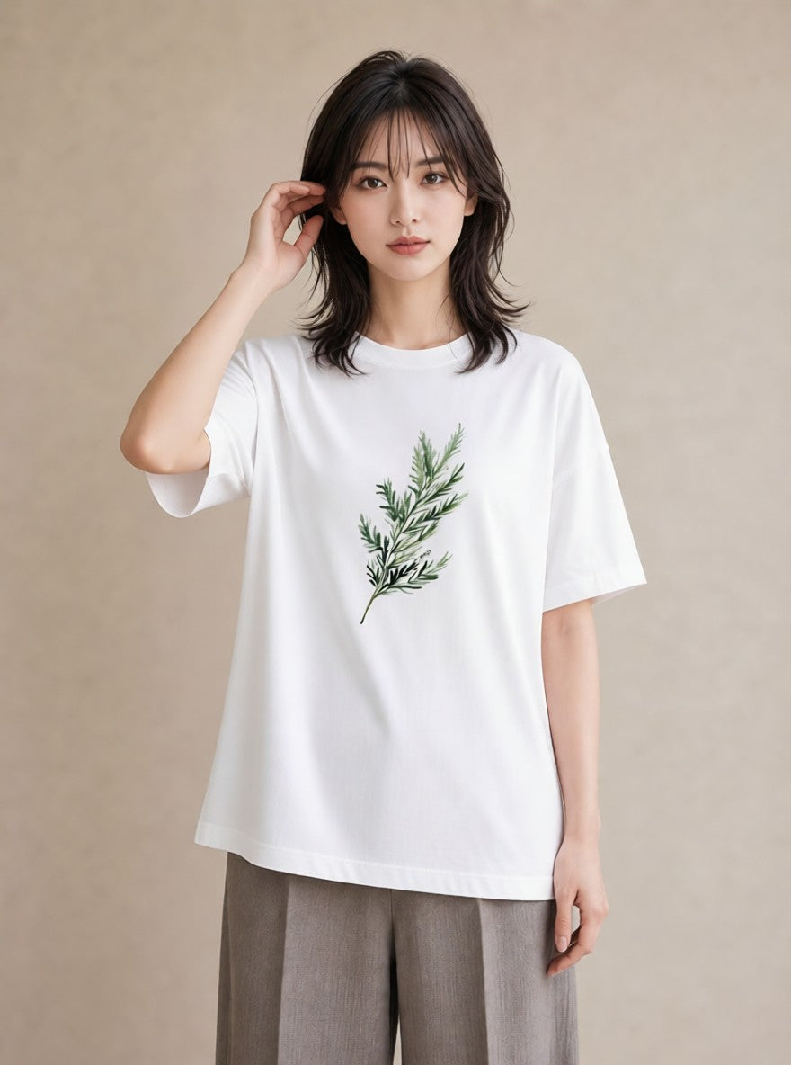 プリントTシャツ レディース 苔 植物 ボタニカル イラスト きれいめカジュアル 在宅 公園 白T