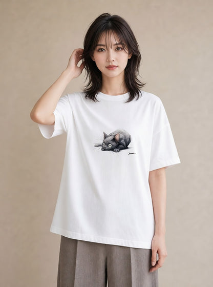 半袖Tシャツ レディース ロシアンブルー 猫 ねこ イラスト 旅行コーデ 誕生日プレゼント 綿100 白T