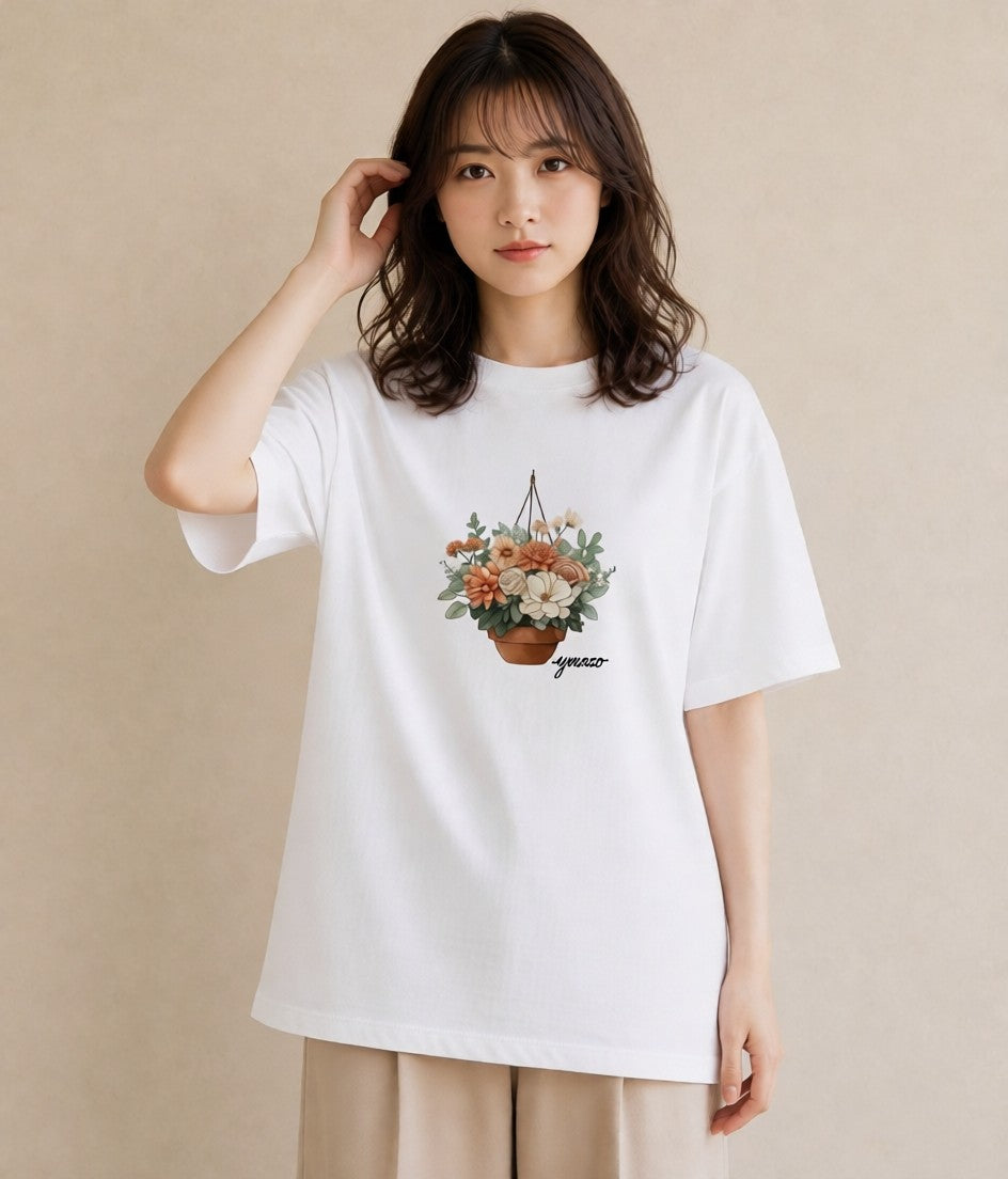 デザインTシャツ レディース 自転車のかご 自転車 花かご ナチュラル アンティーク イラスト カジュアル デイリーウェア 休日 白T