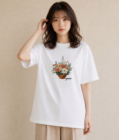 デザインTシャツ レディース 自転車のかご 自転車 花かご ナチュラル アンティーク イラスト カジュアル デイリーウェア 休日 白T