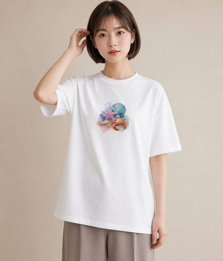 半袖Tシャツ レディース カニ 海の生き物 海 イラスト ユニーク 親子 20代 白T