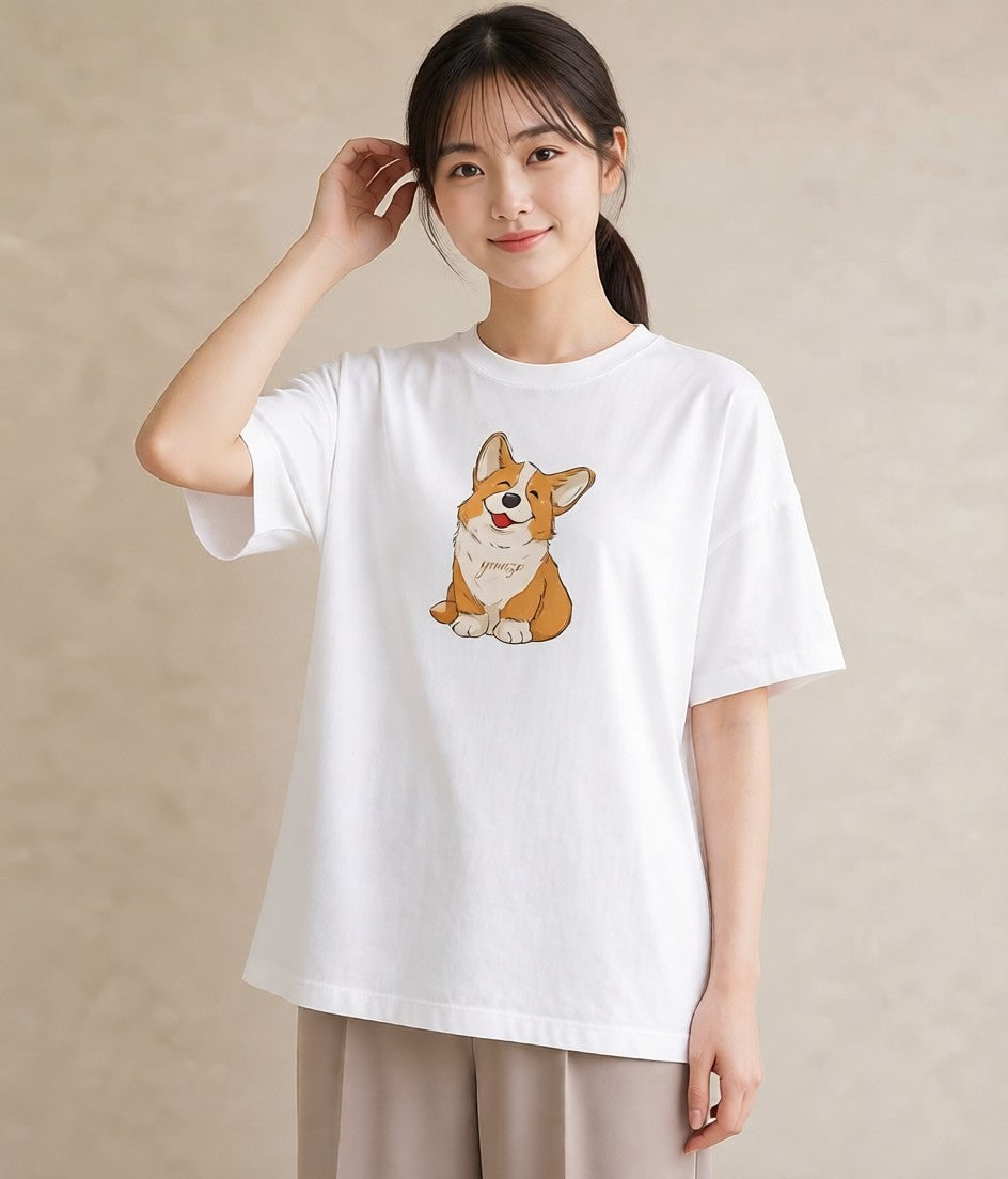 半袖Tシャツ レディース ウェルシュコーギー コーギー 犬 いぬ イラスト カジュアル 女性 旅行用 白T