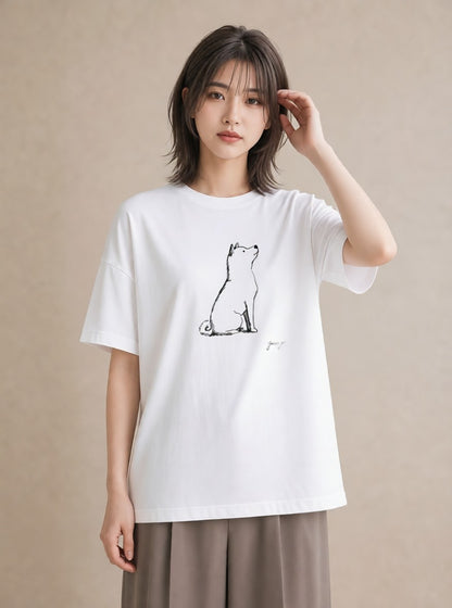 プリントTシャツ レディース 犬 いぬ わんこ イラスト 手描き風 公園 ママ 白T