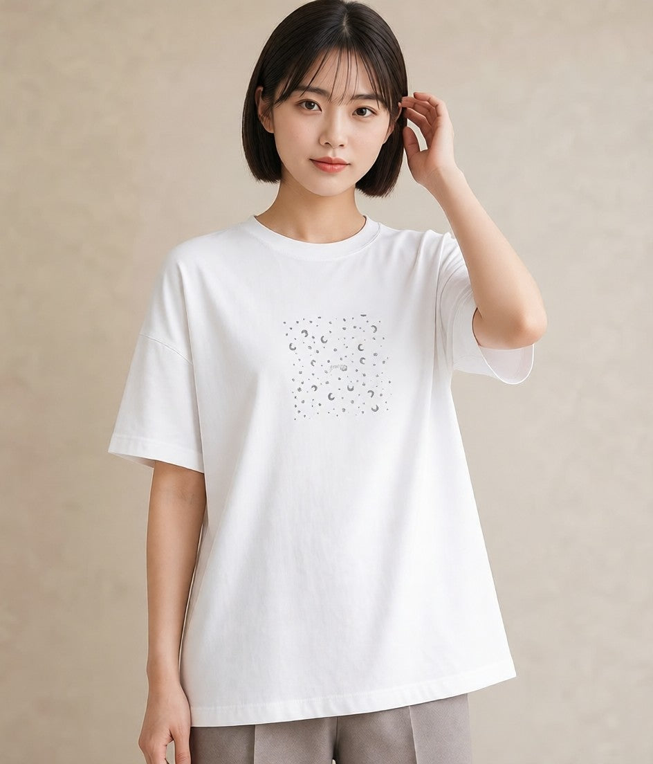 グラフィックTシャツ レディース 月と星 星空 ムーン イラスト カジュアル 旅行用 海 白T