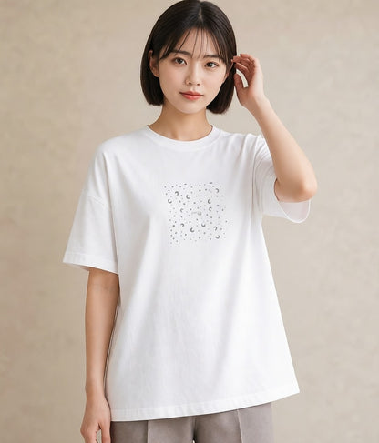 グラフィックTシャツ レディース 月と星 星空 ムーン イラスト カジュアル 旅行用 海 白T