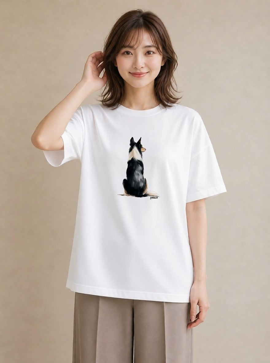 半袖Tシャツ レディース ボーダーコリー 犬 いぬ イラスト シンプル カフェ服 クリスマス 白T