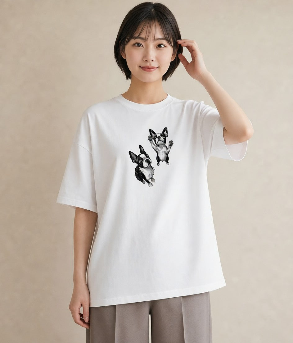 半袖Tシャツ レディース ボストンテリア 犬 いぬ イラスト ヴィンテージ風 秋コーデ おしゃれギフト 白T