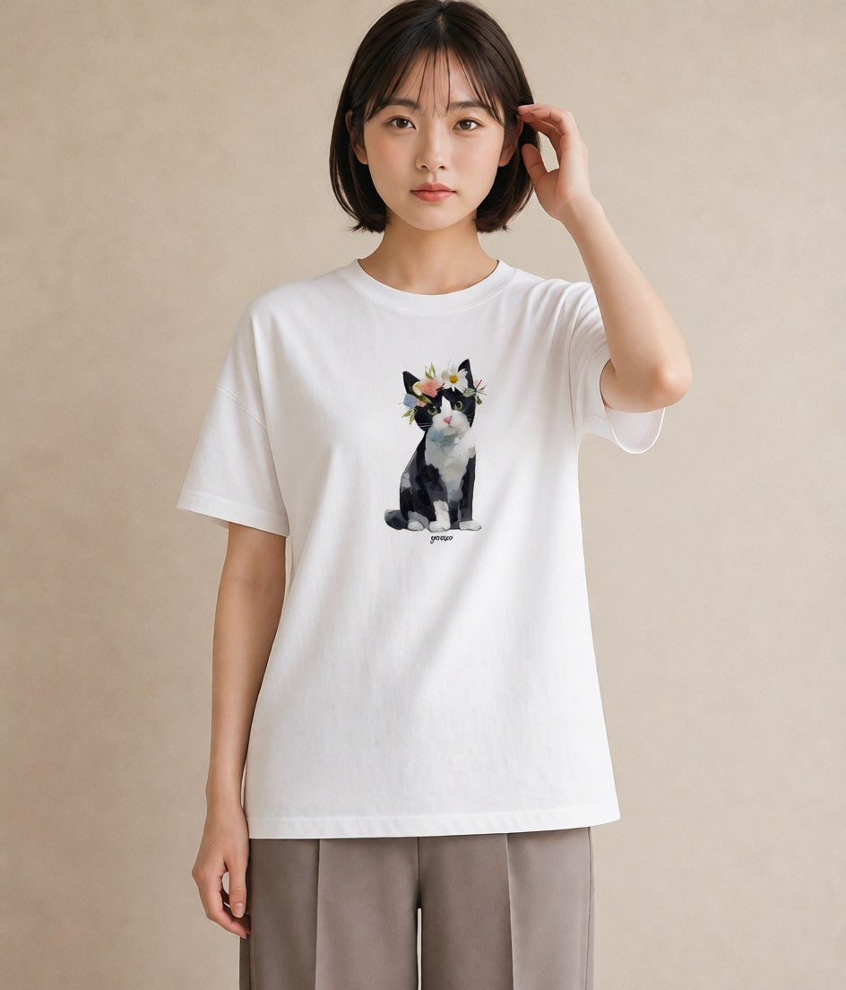 デザインTシャツ レディース 靴下猫 猫 ねこ イラスト ゆるコーデ 通勤 在宅 白T