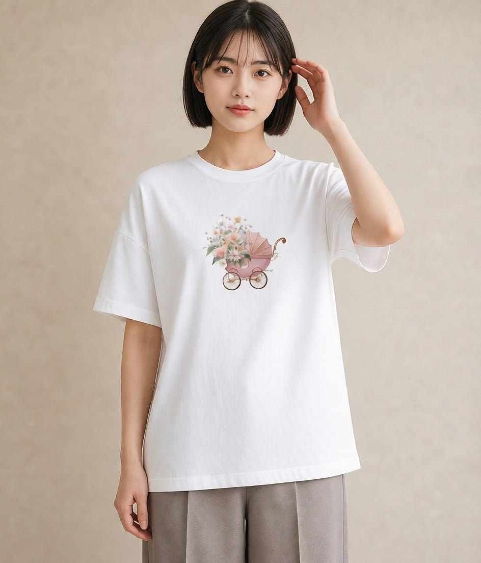 半袖Tシャツ レディース 自転車のかご 自転車 花かご ナチュラル アンティーク イラスト ラフカジュアル 普段着 週末コーデ 白T