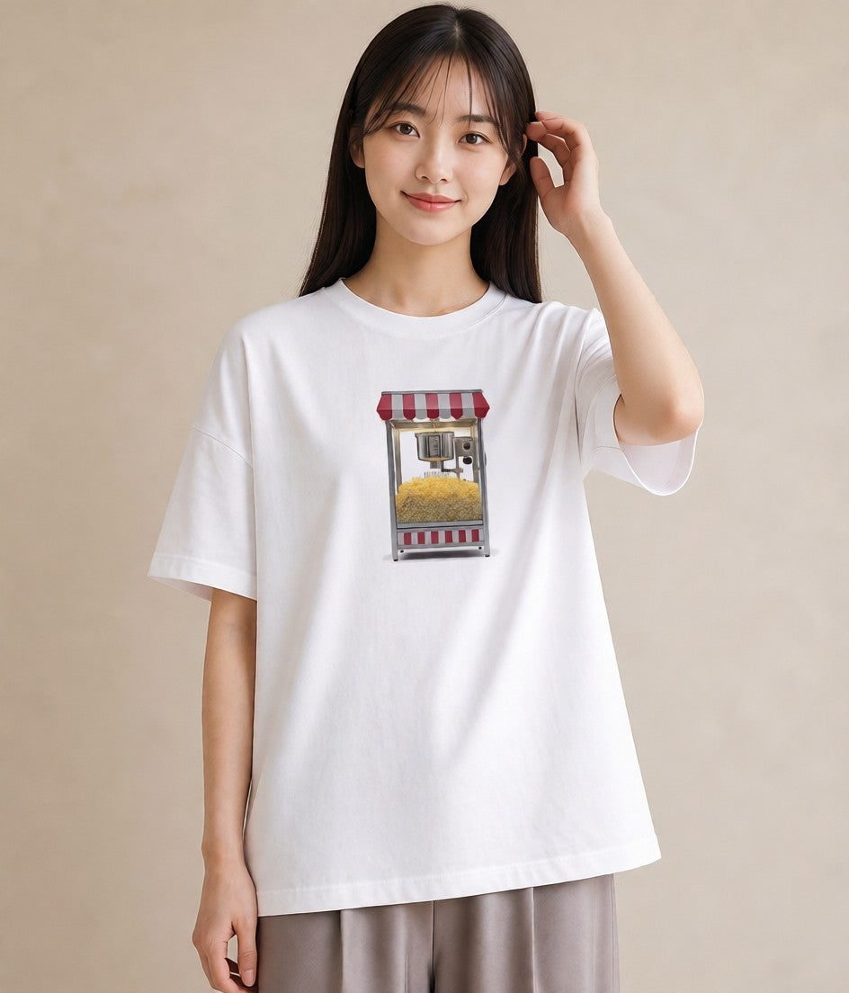 プリントTシャツ レディース ポップコーン 食べ物 フード イラスト ラフカジュアル 通勤 在宅 白T