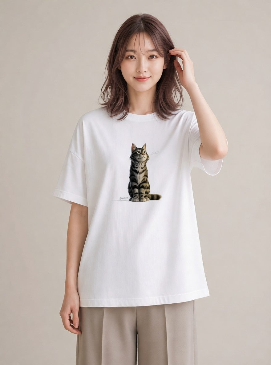 Tシャツ レディース サバトラ 猫 ねこ イラスト ラフ レイヤード 白T