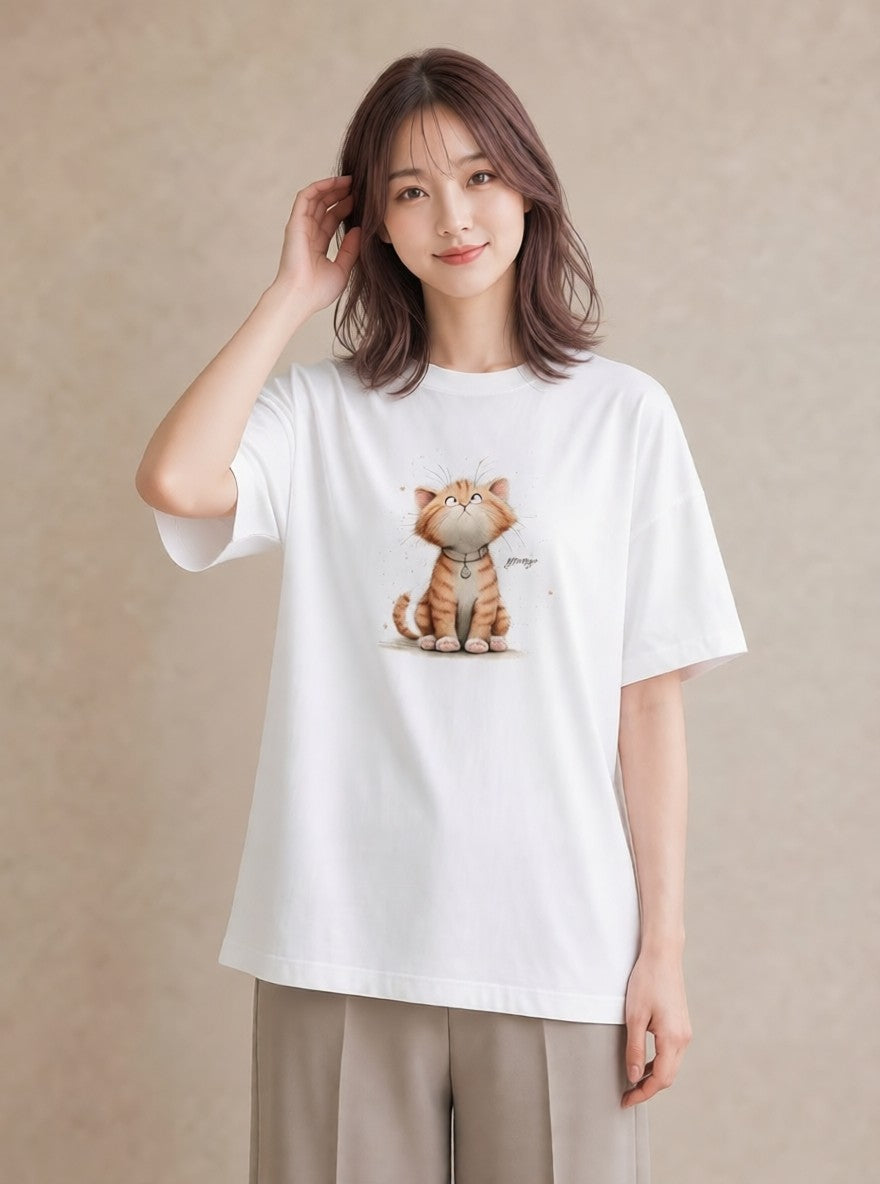 グラフィックTシャツ レディース 猫好き 猫 ねこ イラスト 旅行コーデ ラフ レイヤード 白T