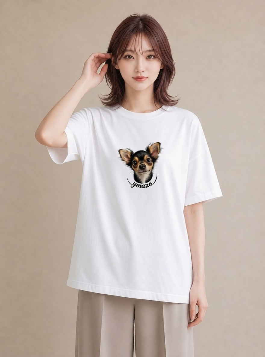 半袖Tシャツ レディース ロングコートチワワ 犬 いぬ イラスト ミニマル 姉妹 送別ギフト 白T