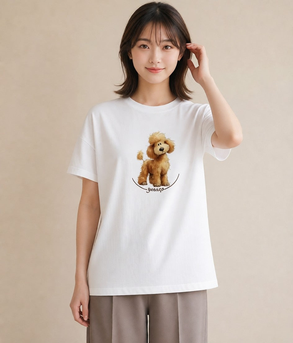 半袖Tシャツ レディース トイプードル プードル 犬 いぬ イラスト 手描き風 カジュアルコーデ 買い物 白T