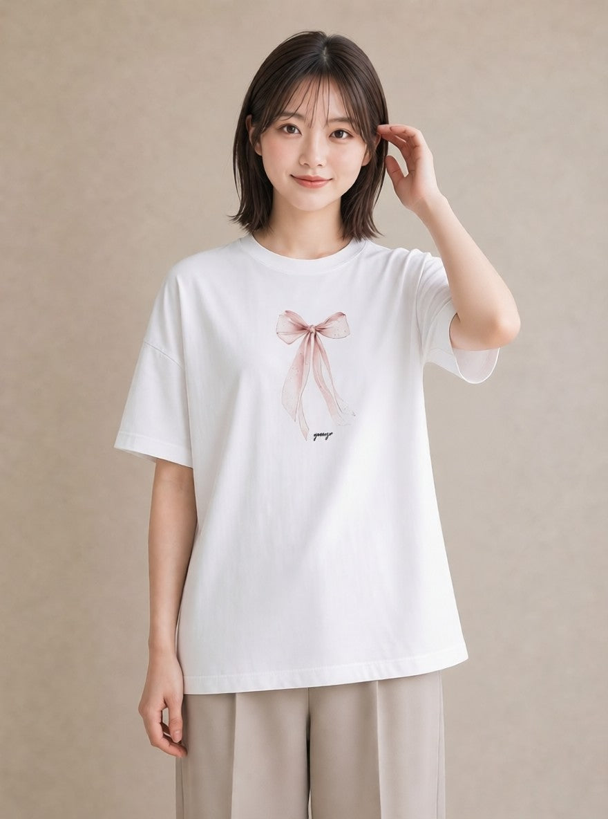 Tシャツ レディース リボン 蝶結び ナチュラル アンティーク イラスト ゆるコーデ 送別ギフト 通勤 白T