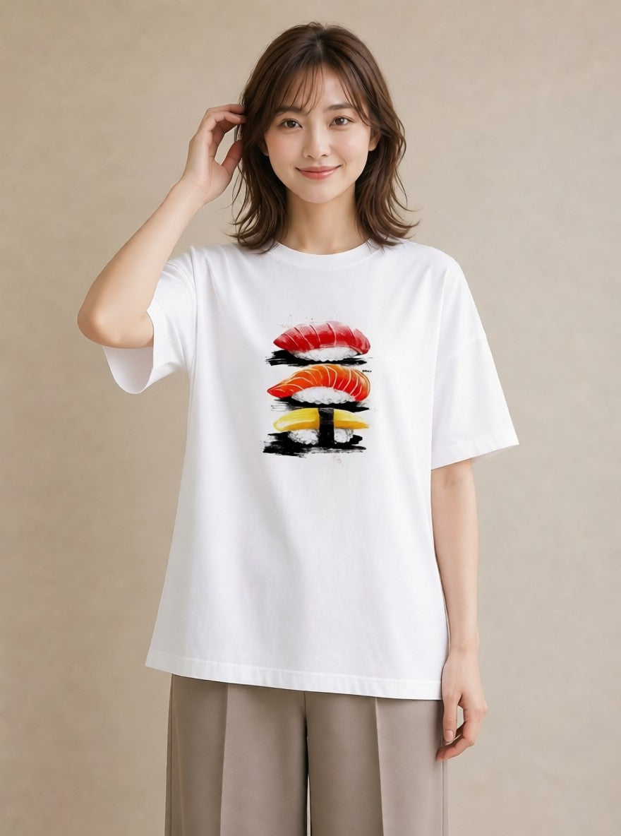 Tシャツ レディース お寿司 食べ物 フード イラスト ラフカジュアル 海 カフェ巡り 白T
