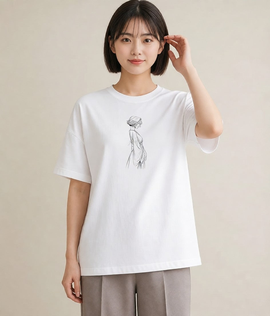 グラフィックTシャツ レディース 女の子 ガール 後ろ姿 イラスト 旅行コーデ 送別ギフト 通勤 白T