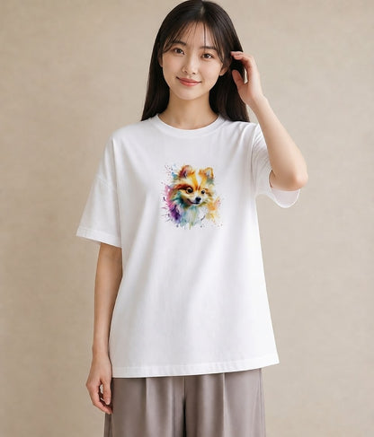 プリントTシャツ レディース ポメラニアン ポメ 犬 いぬ イラスト 淡色 お出かけ 普段着 白T