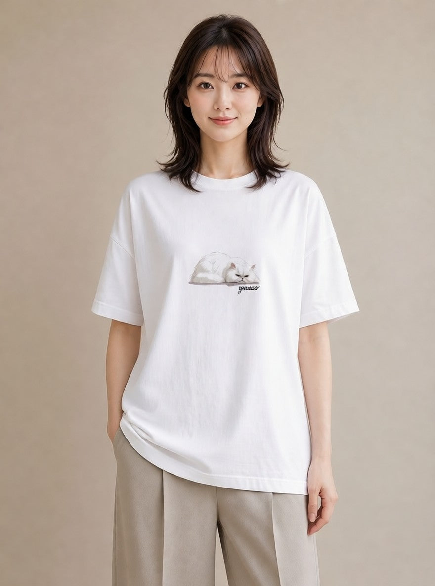 デザインTシャツ レディース ブリティッシュショートヘア 猫 ねこ イラスト 淡色 綿100 デート 白T