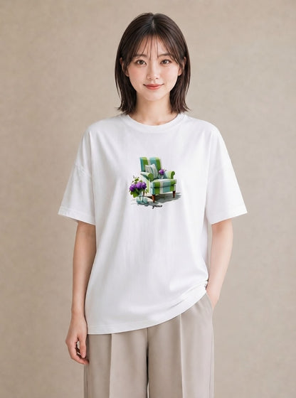 デザインTシャツ レディース 窓辺の椅子 窓辺 椅子 ナチュラル アンティーク イラスト 北欧風 散歩 お出かけ 白T