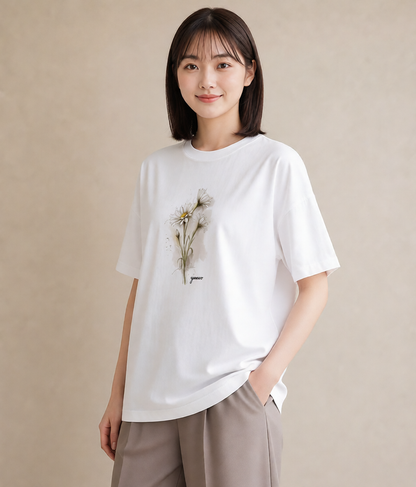 デザインTシャツ レディース マーガレット 花 花柄 イラスト 淡色 自分用 ルームウェア 白T