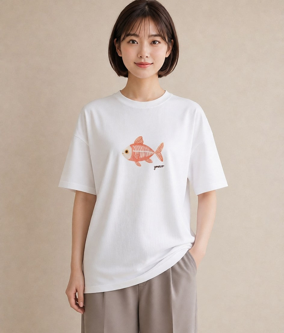 デザインTシャツ レディース メダカ ペット 動物 イラスト ニュアンス デイリーウェア 休日 白T