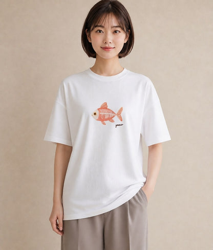 デザインTシャツ レディース メダカ ペット 動物 イラスト ニュアンス デイリーウェア 休日 白T