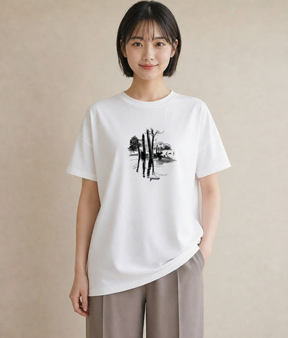 半袖Tシャツ レディース 桟橋 水辺 波止場 ナチュラル アンティーク イラスト 旅行コーデ カフェ巡り 女子会 白T