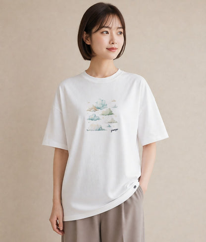 半袖Tシャツ レディース 空 星空 宇宙 イラスト こなれ感 ミセス 春コーデ 白T