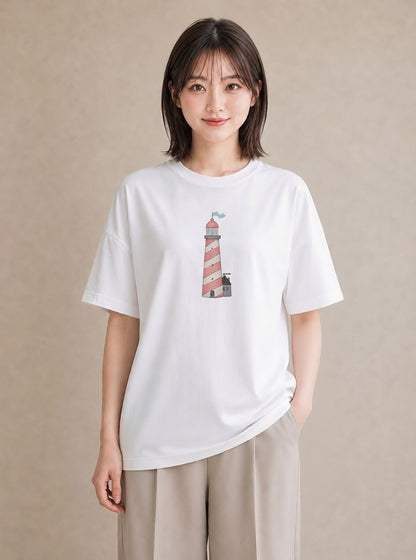 半袖Tシャツ レディース 灯台 霧 海 ナチュラル アンティーク イラスト 上品 デート 帰省 白T