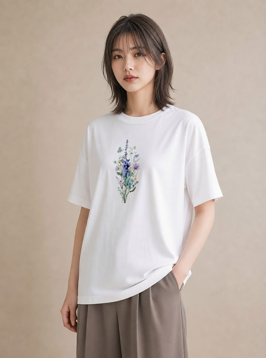 プリントTシャツ レディース ポスト 野の花 レトロ ナチュラル アンティーク イラスト ユニーク 女性向けギフト 散歩 白T