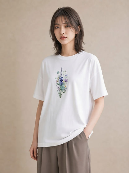 プリントTシャツ レディース ポスト 野の花 レトロ ナチュラル アンティーク イラスト ユニーク 女性向けギフト 散歩 白T