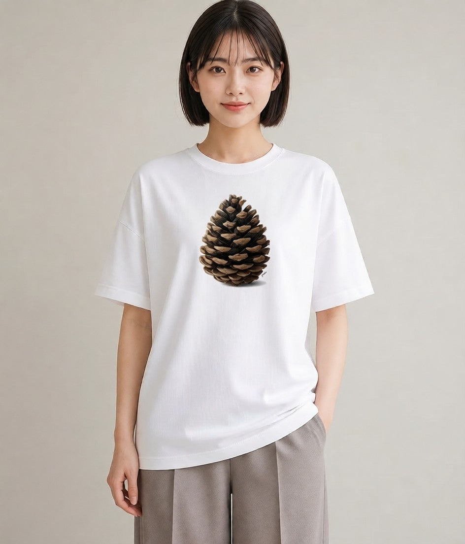 半袖Tシャツ レディース 松ぼっくり 植物 ボタニカル イラスト フェミニン ママ カフェ服 白T