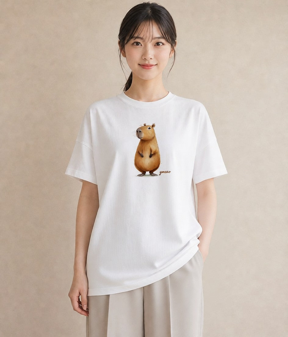 Tシャツ レディース カピバラ かぴばら 動物 アニマル イラスト 休日 ペアコーデ 白T